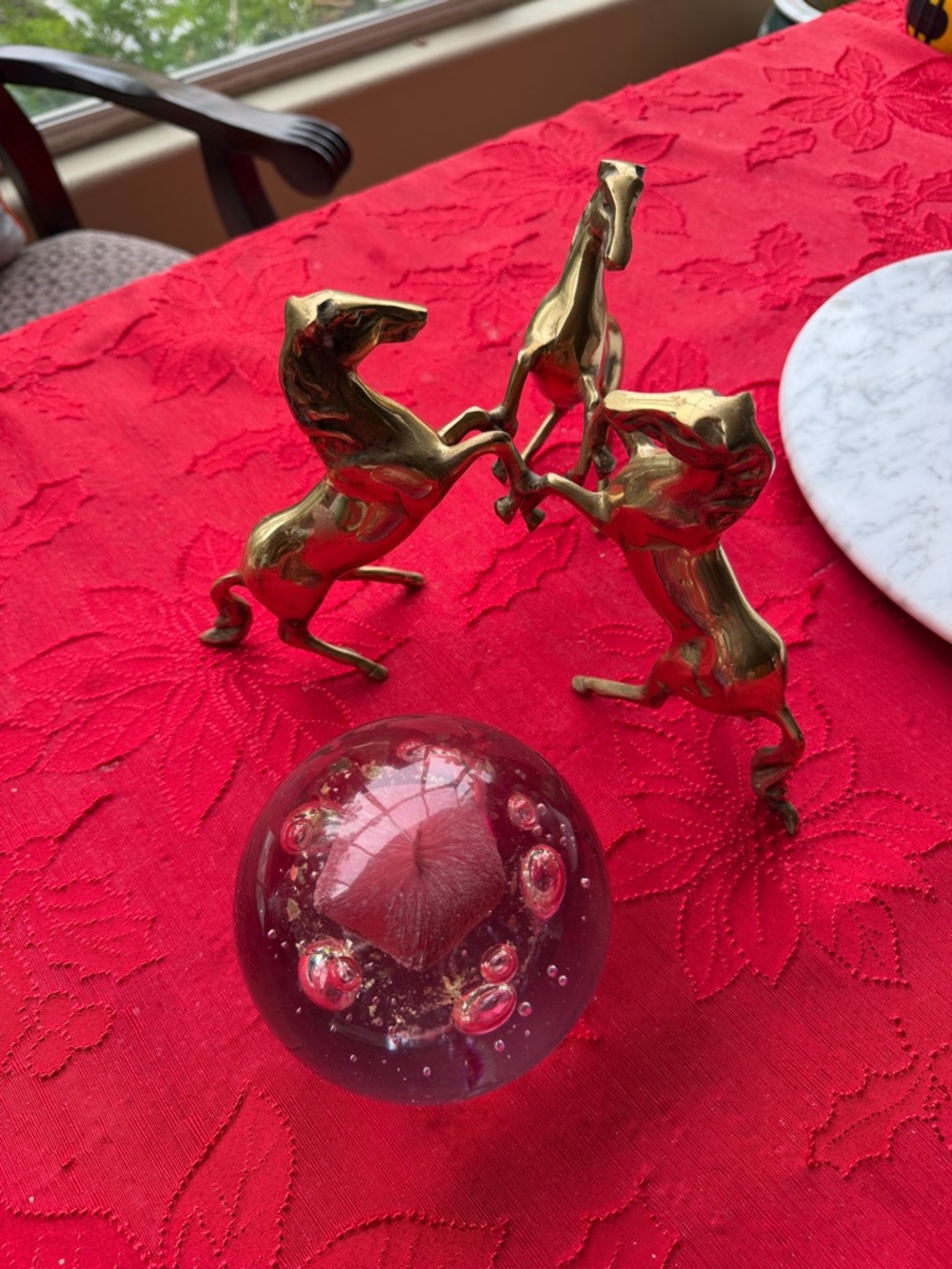 3 Brass horses Sculpture Crystal Orb Holder with Glass Sphere 10” tall - Picture 4 of 10